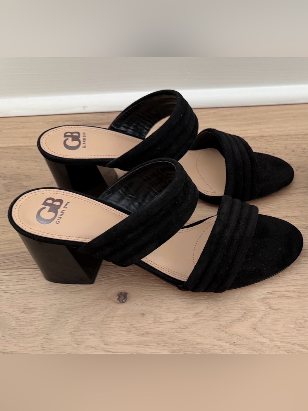 Gianni Bini Black Suede Double-Strap Block Heel Mules